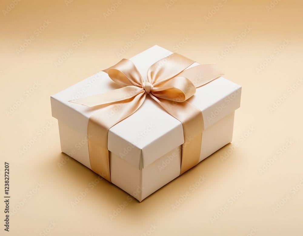 Obraz premium A beautifully wrapped white gift box adorned with a silky beige ribbon, perfect for special occasions.