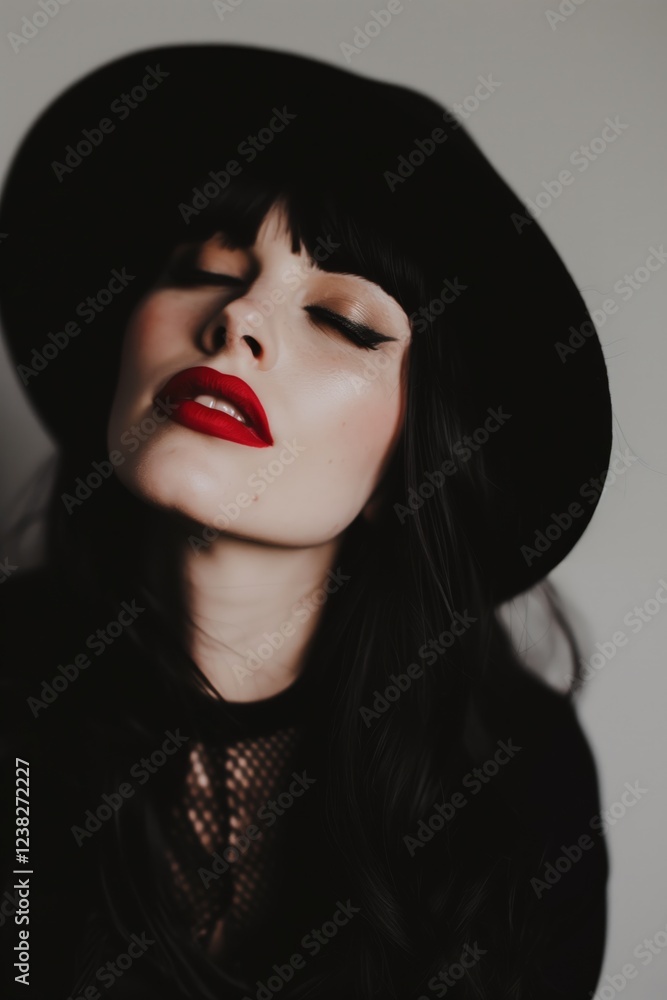 A portrait of a woman with striking features, wearing an intricate black lace dress and styled hair A portrait of a woman with striking features, wearing an intricate black lace dress and styled hair