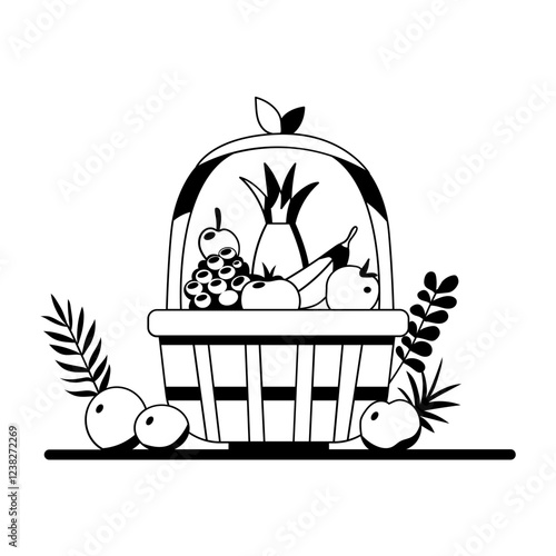 A glyph illustration of a wicker basket filled with fresh fruits
