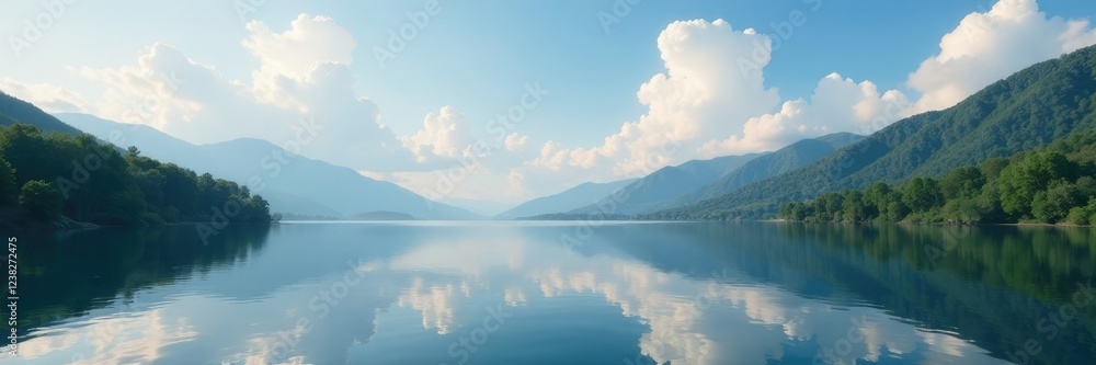 Gentle clouds drift across a serene lake surface, reflection, , trees Gentle clouds drift across a serene lake surface, reflection, , trees