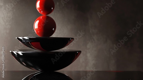 Stacked black bowls with cherry on top in dramatic light photo