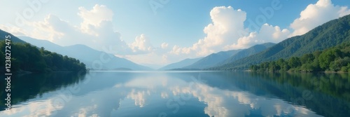 Gentle clouds drift across a serene lake surface, reflection, , trees