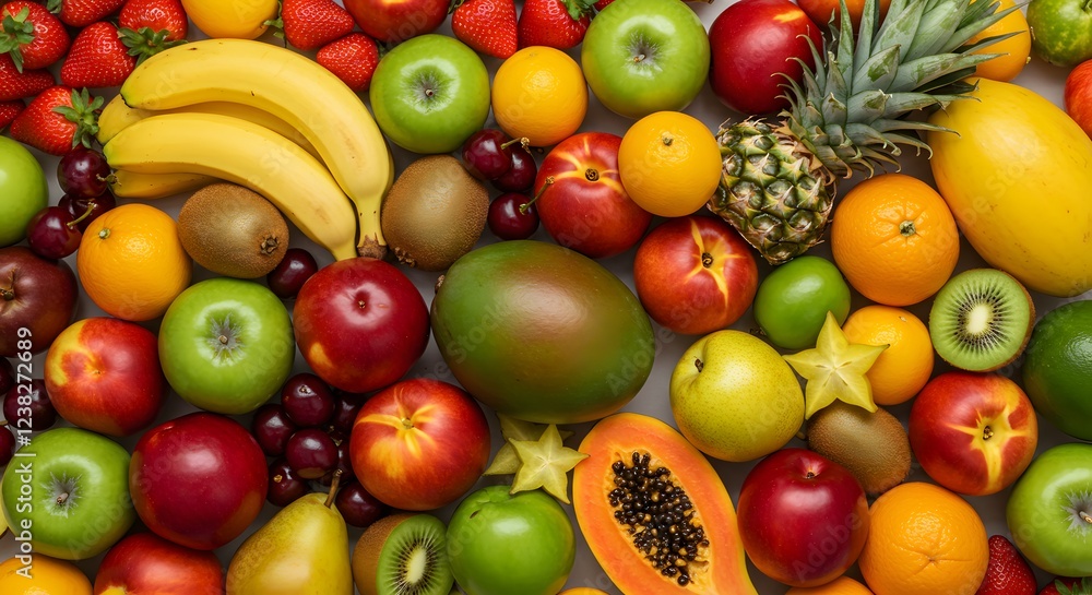 Vibrant Colorful Fruit Background with Tropical and Seasonal Fruits