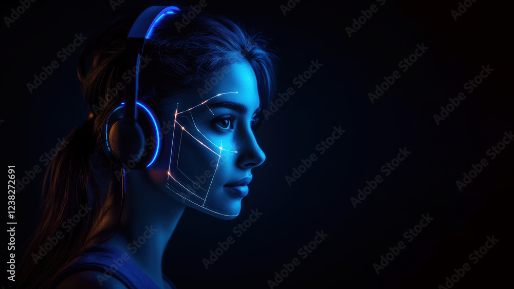 Headphones illuminate a young woman engaged in virtual experience
