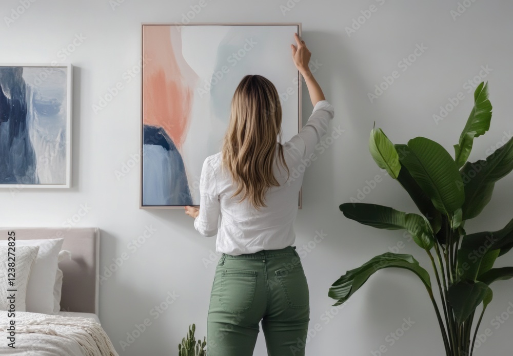 Woman hanging modern art in stylish bedroom with greenery Woman hanging modern art in stylish bedroom with greenery