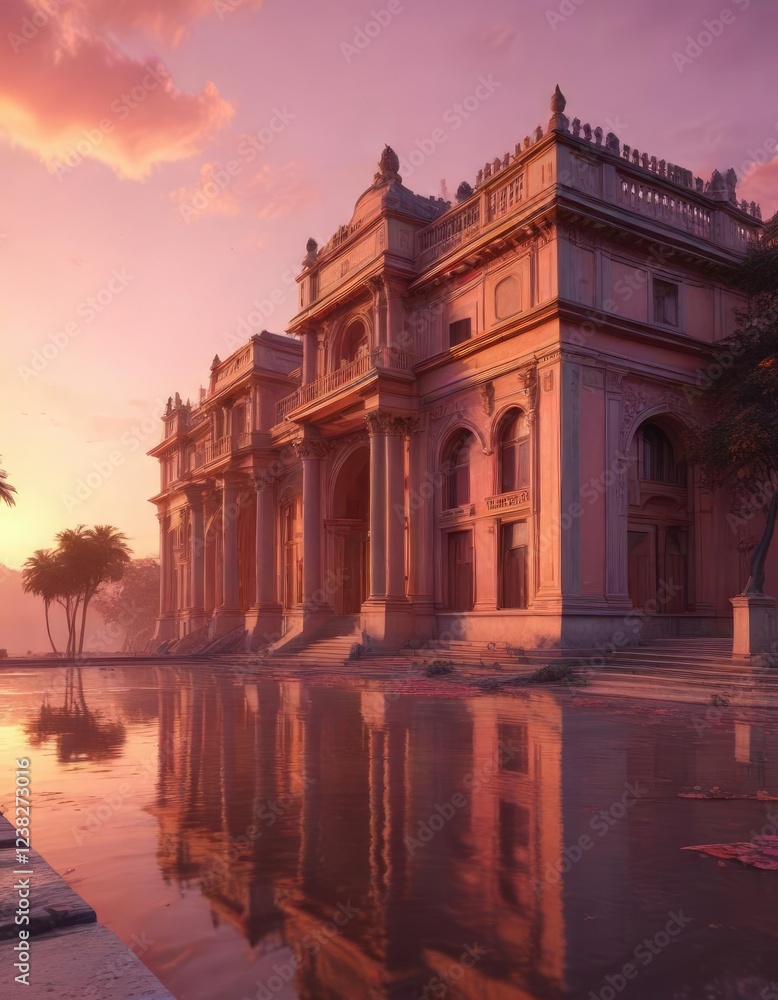 Obraz premium Palace with soft orange and pink hues in the fading sunset, gentle illumination, peaceful evening, pink color