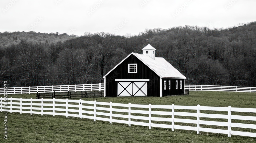 A serene black barn surrounded by a white fence in a lush green landscape.