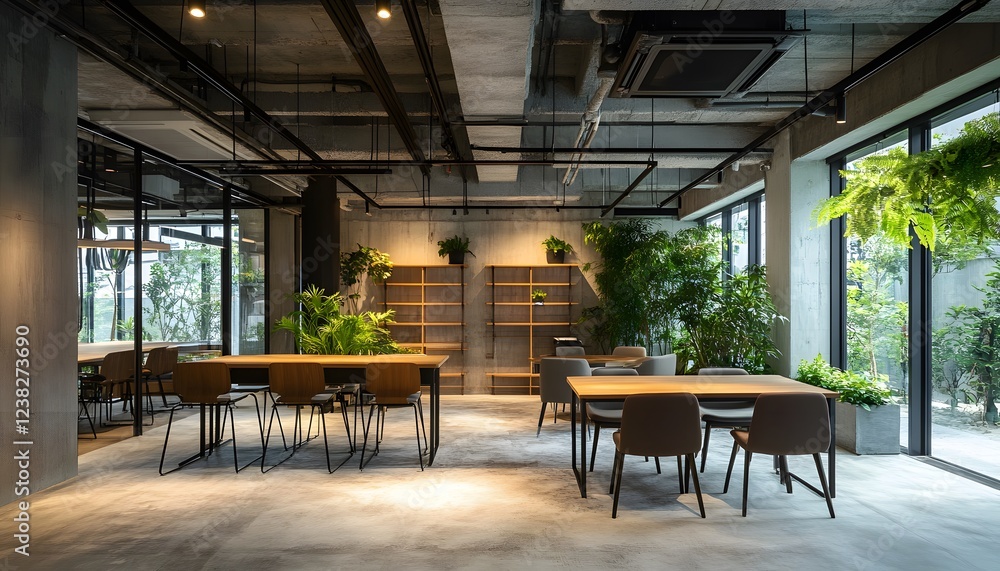 Fototapeta premium Modern Office Space With Greenery And Wooden Tables