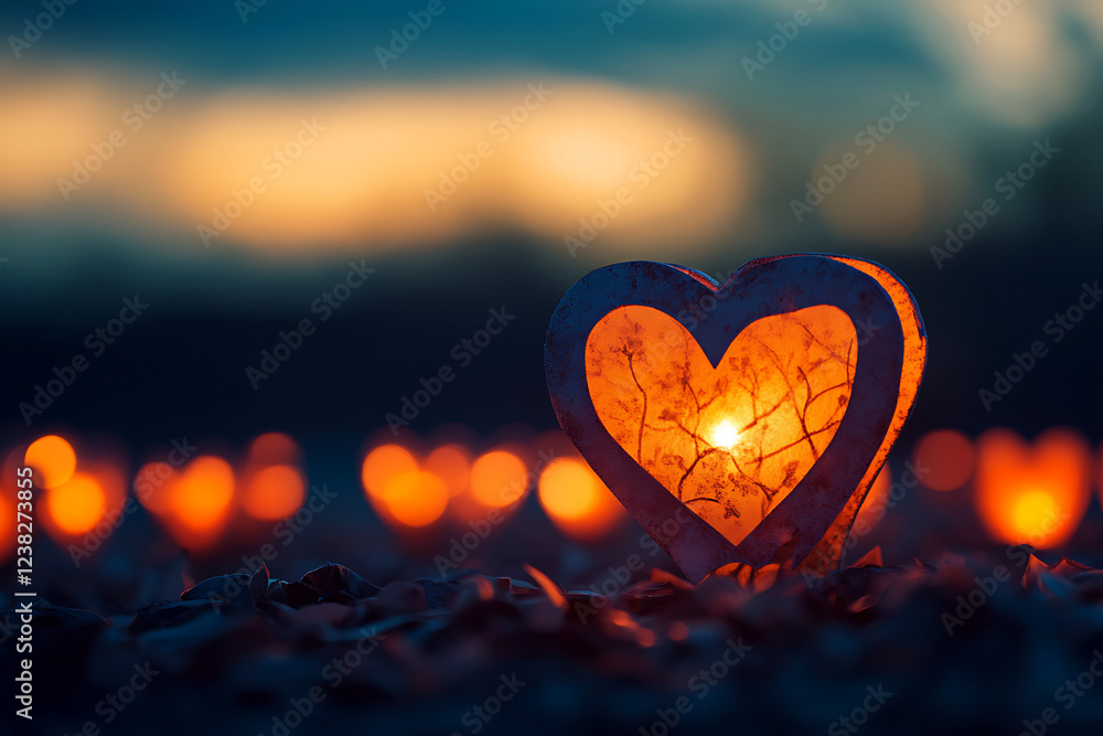 Fototapeta premium Warm Heart-Shaped Lantern at Dusk