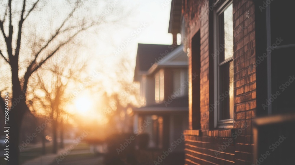 Sunset view of a residential street with brick houses. Sunset view of a residential street with brick houses.