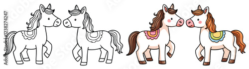 Two Cute Kawaii Horse or Pony line art with fill-colored sample Printable. Isolated on White Background Outline Vector Illustration. Bold and Easy Domestic Animal Coloring Page for Adults and Kids