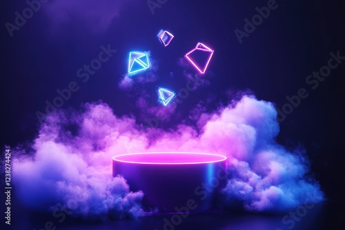 Cylinder flying podium with neon glowing abstract geometric shapes on wall and smoke clouds. Realistic 3d vector illustration of purple and blue luminous hi tech product platform on dark background. photo