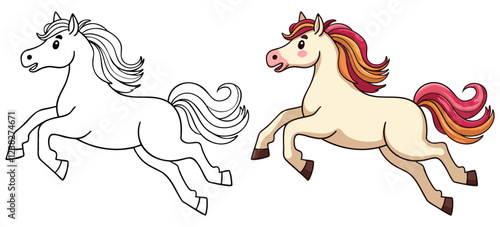 Cute Kawaii Horse or Pony line art with fill-colored sample Printable. Isolated on White Background Outline Vector Illustration. Bold and Easy Domestic Animal Coloring Page for Adults and Kids