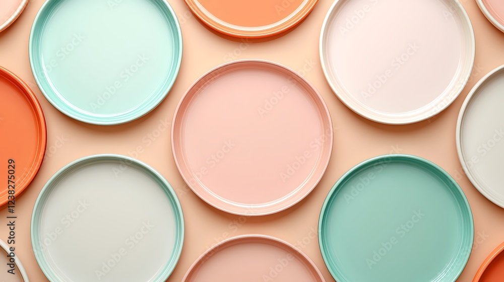 Colorful Circular Plates in Pastel Hues Arranged on a Light Toned Background for Decorative Elements Colorful Circular Plates in Pastel Hues Arranged on a Light Toned Background for Decorative Elements