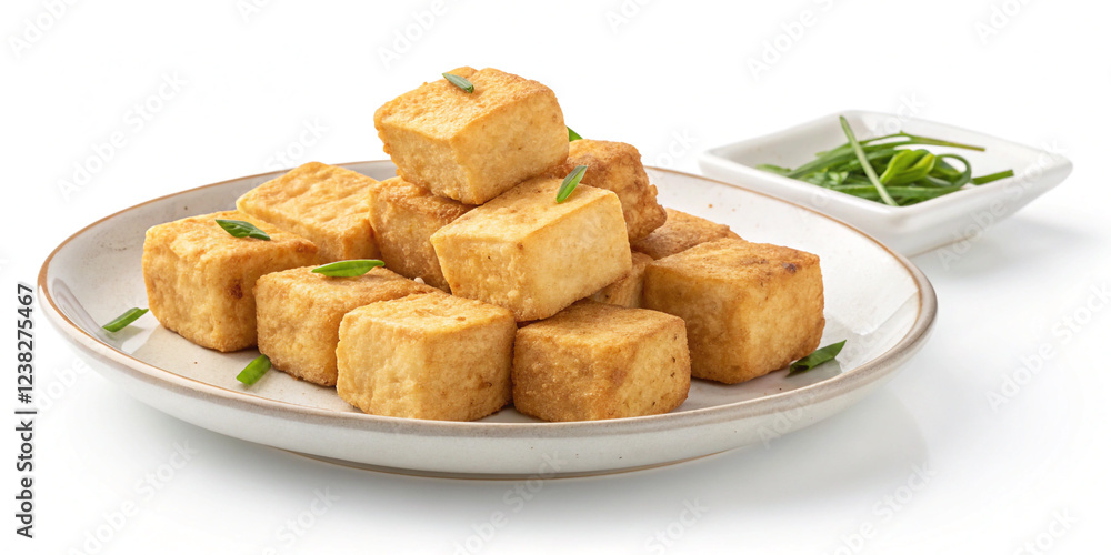 Fried Tofu Cubes on White Background for Vegan Dishes Fried Tofu Cubes on White Background for Vegan Dishes