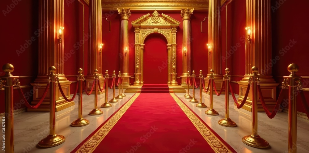 Obraz premium Golden barrier with red carpet in a modern palace, shiny, ornate