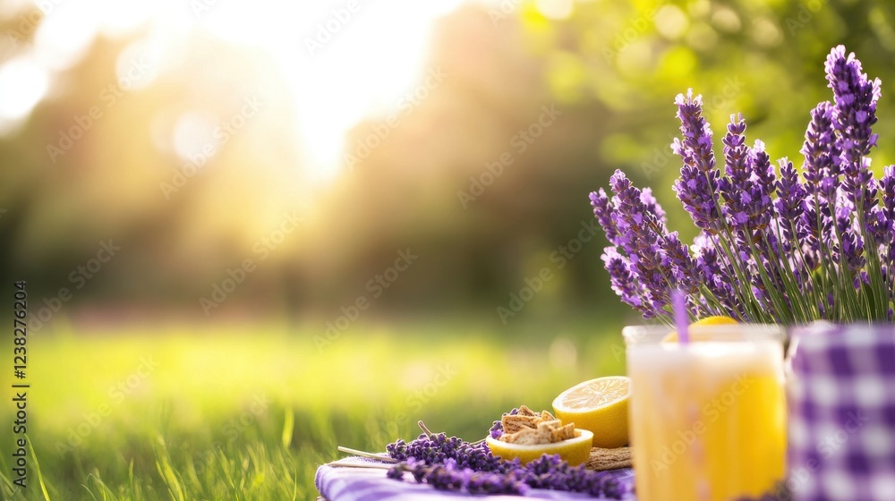 A sunny outdoor scene featuring lavender, refreshing drinks, and a relaxing picnic setup in a vibrant, green setting. A sunny outdoor scene featuring lavender, refreshing drinks, and a relaxing picnic setup in a vibrant, green setting.