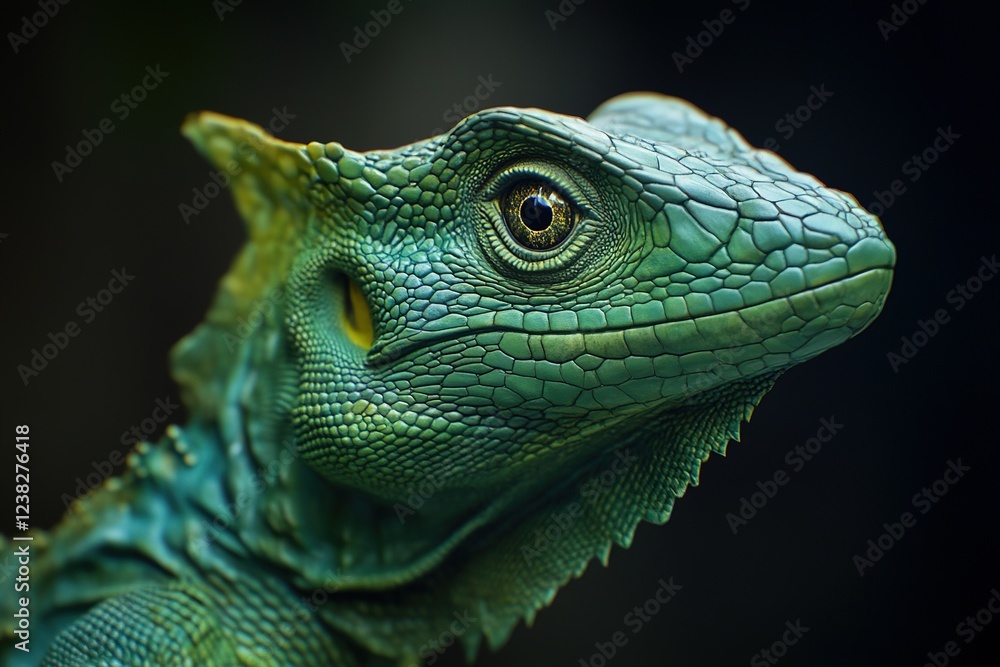Fototapeta premium Green Plumed Basilisk Lizard (Basiliscus plumifrons), Boca Tapada.