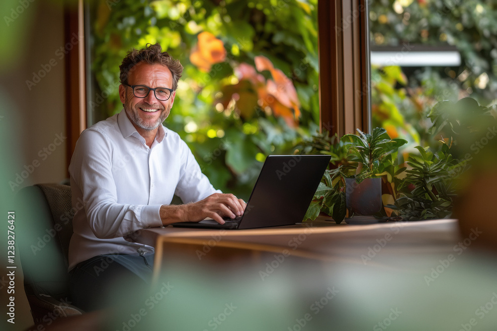 Senior Businessman smiling while working on laptop Senior Businessman smiling while working on laptop
