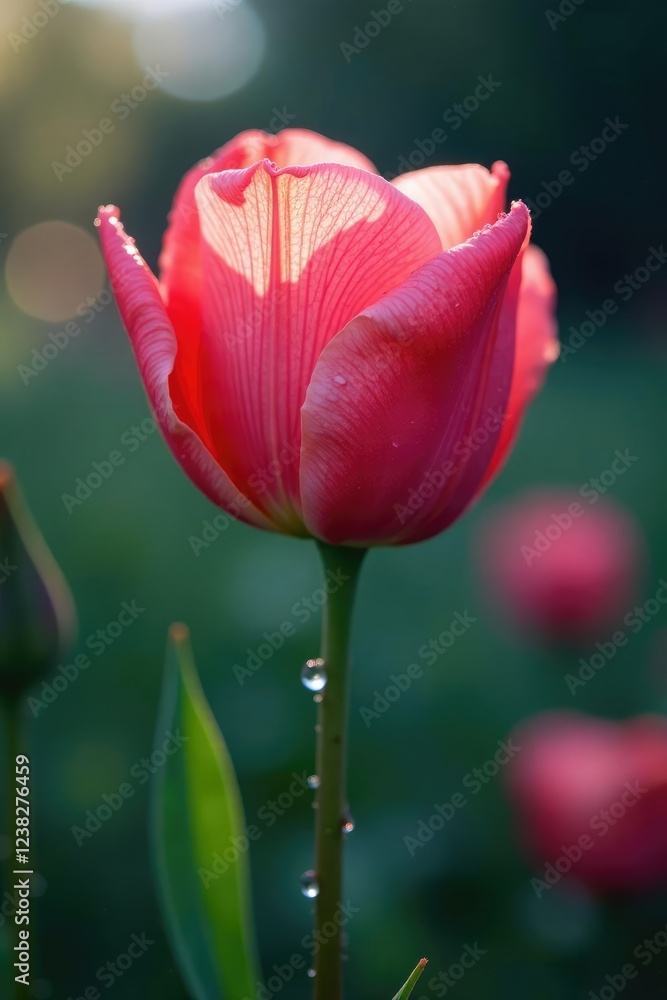 Obraz premium Morning dew clings to delicate petals as they slowly unfurl, branching out, morning dew, petals unfolding