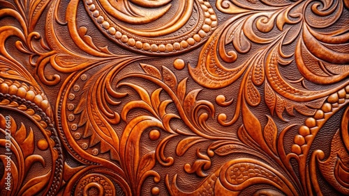 Richly colored saddle leather with prominent tooling and textured surface, embossed pattern, saddle leather, traditional craftsmanship, buckskin leather texture, decorative stitching