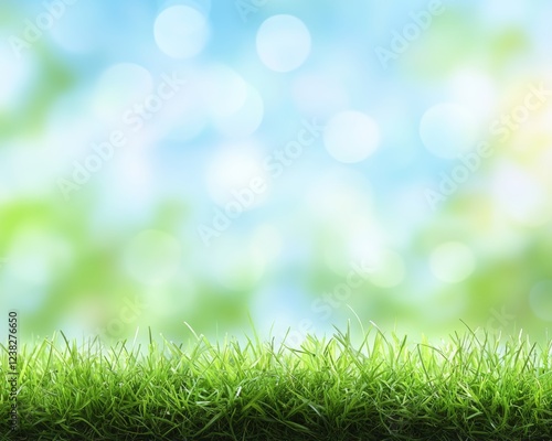 Vivid Green Grass Against a Bright Blue Sky with Bokeh Effect, Natural Sunlight Backdrop