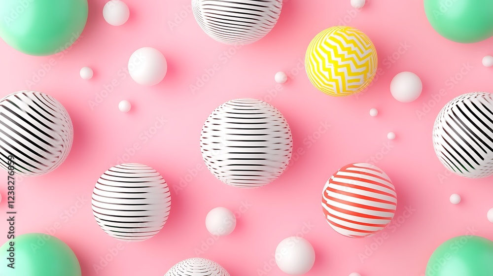 Fototapeta premium Colorful Decorative Balls with Stripes and Dots on a Pink Background for Creative Projects and Design Elements