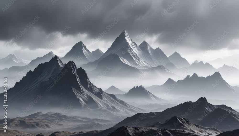 Obraz premium Rolling gray and misty landscape with an abstract futuristic mountain range in the background , gray, landscape