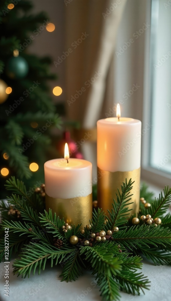 Gold-painted evergreen branches with candles in mercury glass holders, glass, painted, mercurius Gold-painted evergreen branches with candles in mercury glass holders, glass, painted, mercurius