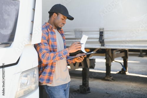 Fotografie African American truck dispatcher inspecting a vehicle on a parking lot