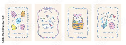 Set of vintage coquette greeting cards for Easter day. Hand drawn whimsical frames with bows and ribbons. Cute bunny, flowers and leaves, basket, eggs. Template for poster, banner.
