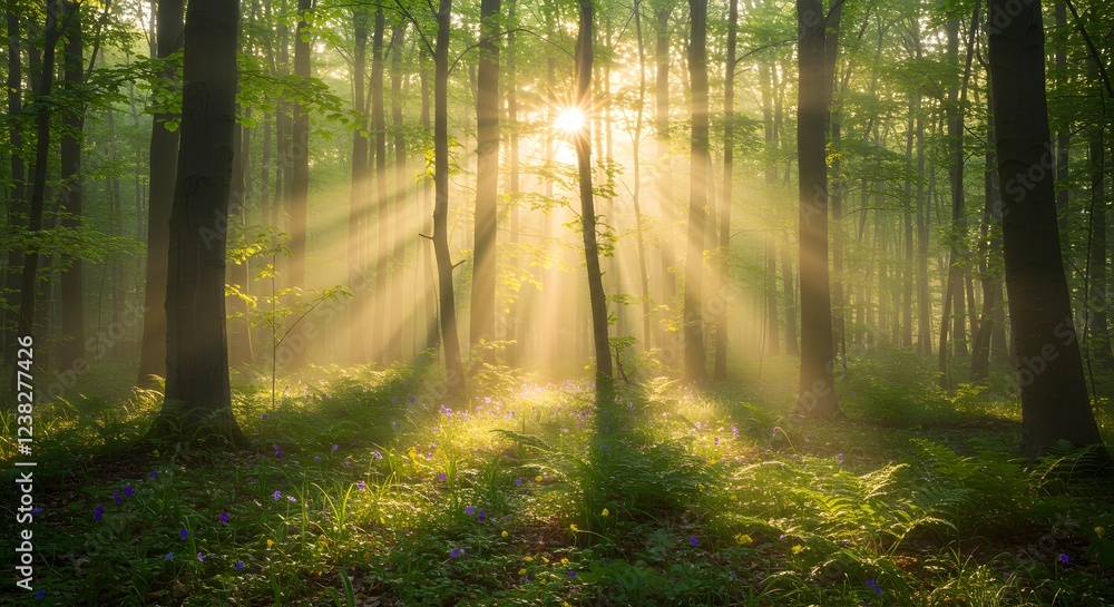 Obraz premium Magical Sunbeams in Misty Forest Landscape Photography