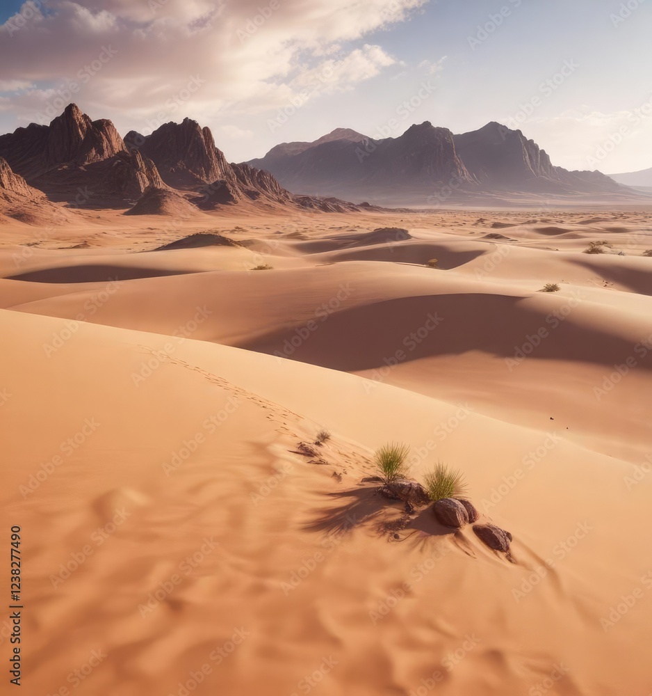 Obraz premium Sandy dunes in a desolate desert landscape with rocky outcrops, natural formation, dry ground