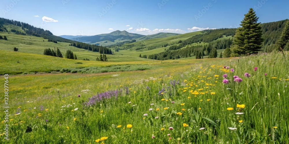Fototapeta premium Mountain meadow in spring with wildflowers and lush green grass, idyllic, tranquil, mountainous