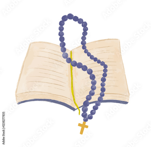 Open read holy bible with rosary watercolor illustration clipart vector sticker christian catholic church religious religion belief god faith