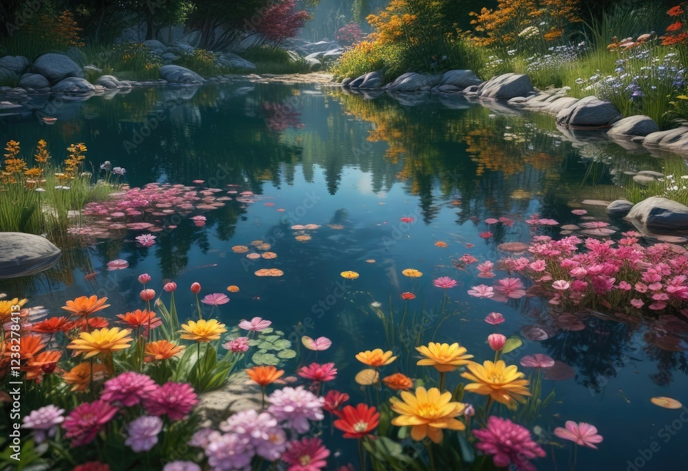Serene pond scene with vibrant flowers floating on water's surface, garden, greenery Serene pond scene with vibrant flowers floating on water's surface, garden, greenery