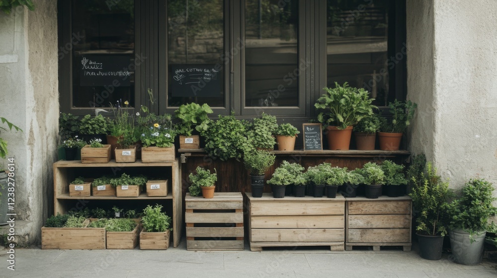 Fototapeta premium Urban herb shop storefront, plants, crates, city background, for website