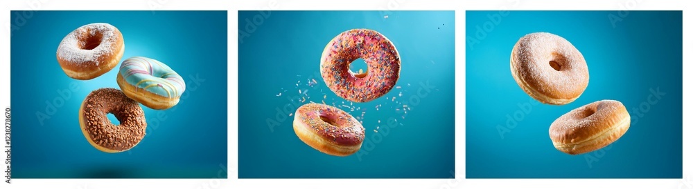 Three images showcase various donuts suspended mid-air against a vibrant blue backdrop. The donuts are glazed in different colors and styles, creating a dynamic and appetizing visual. Three images showcase various donuts suspended mid-air against a vibrant blue backdrop. The donuts are glazed in different colors and styles, creating a dynamic and appetizing visual.