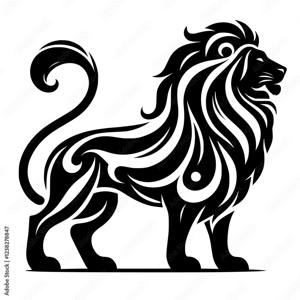 Naklejka premium Majestic Tribal Lion: Black and White Tattoo Design. A powerful symbol of nature, royalty, and wild elegance. Perfect for art, decor, and tattoo inspiration.