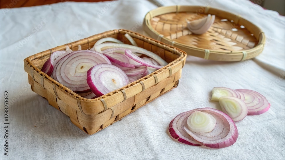 Shallot slices arranged in a tiny wooden basket on a linen tablecloth, simple elegance, small kitchenware, rustic decor, woven baskets Shallot slices arranged in a tiny wooden basket on a linen tablecloth, simple elegance, small kitchenware, rustic decor, woven baskets