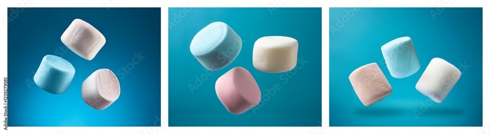 Three sets of pastel-colored marshmallows float against a vibrant blue backdrop. A delightful confectionery image. Three sets of pastel-colored marshmallows float against a vibrant blue backdrop. A delightful confectionery image.
