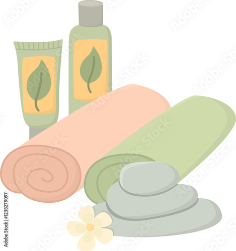 Composition with folded towels, spa stones and bottles of cosmetics. Illustration with cute wellness concept