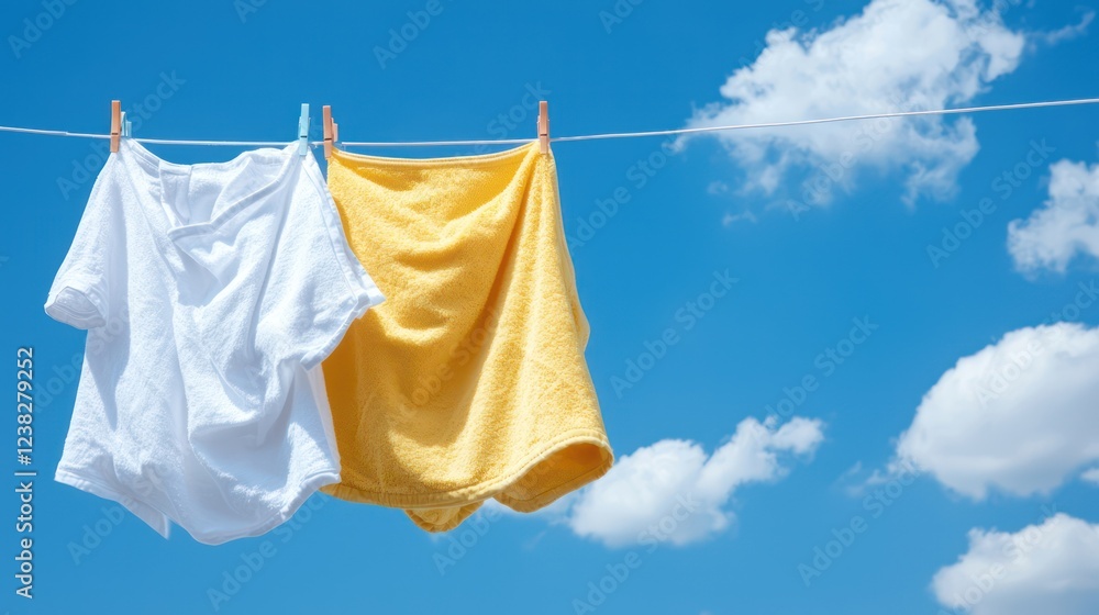 Clothes drying on a line against a bright blue sky with fluffy clouds. Clothes drying on a line against a bright blue sky with fluffy clouds.
