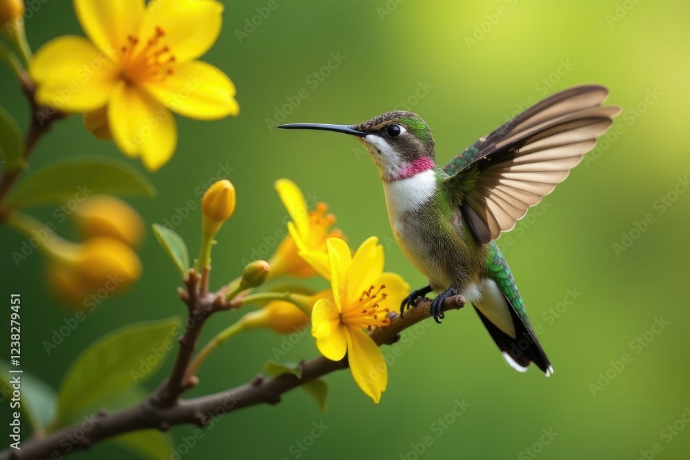 Naklejka premium hummingbird on a branch of a blooming tree with yellow flowers, butterflies, insects
