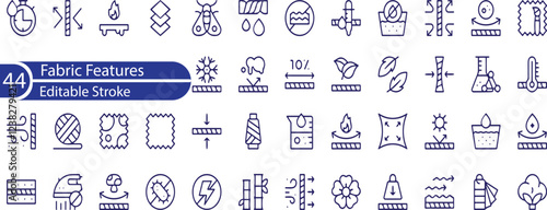 Fabric Features line Editable Icons set. Vector illustration in thin line modern style of textile related icons. Thermo, recycled, bamboo, and more