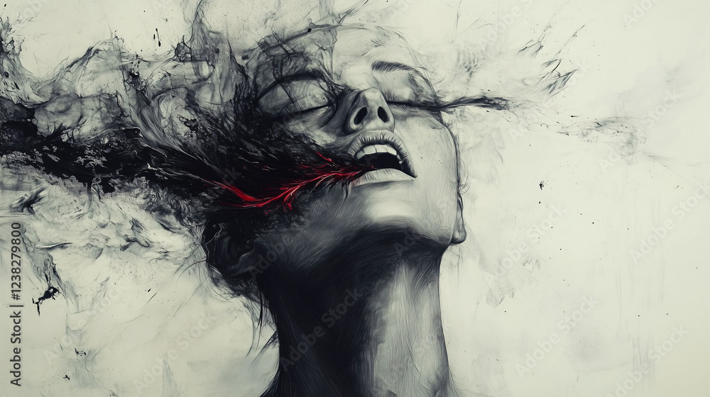 Fototapeta premium Sophisticated Pencil Drawing of a Woman Expressing Intense Emotion Through Abstract Elements. Generative AI