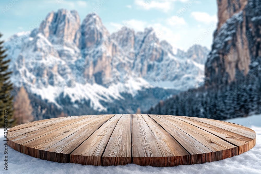 Rustic Wood Platform with Snowy Peaks Backdrop, Winter Mountain Landscape in Natural Light Photography
Rustic Wood Platform with Snowy Peaks Backdrop, Winter Mountain Landscape in Natural Light Photography