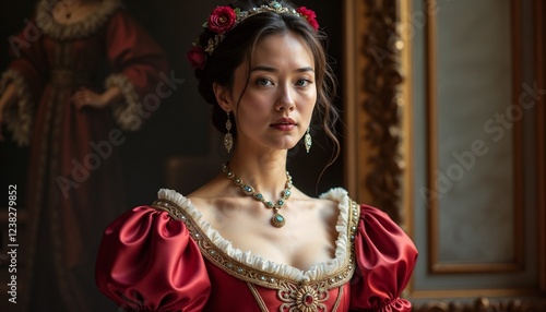 Historical costumes. Baroque courtesan in silk gown posing elegantly in an opulent historical interior
 photo