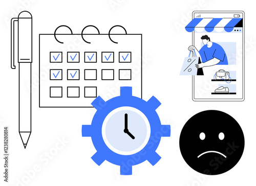 Pen, calendar with check marks, clock cogwheel, mobile shopping app, sad face. Ideal for productivity, scheduling, online shopping, efficiency organization task management customer satisfaction