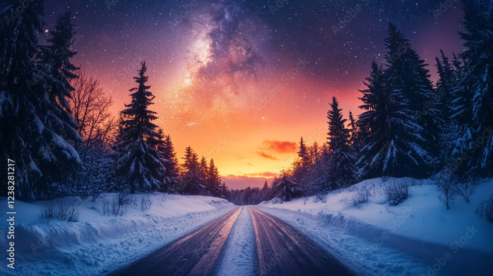 A road leading towards a colorful sunrise, flanked by snow-covered trees and the Milky Way above. A road leading towards a colorful sunrise, flanked by snow-covered trees and the Milky Way above.
